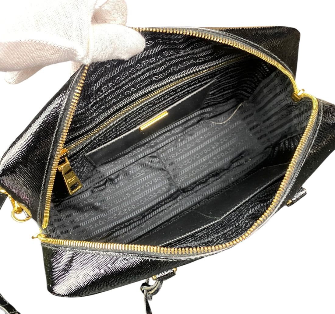 Prada Black Saffiano Vernice Bauletto Crossbody Bag