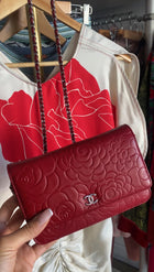 Chanel Red Embossed Leather Camelia Wallet on Chain WOC SHW