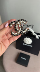 Chanel 22A Large Black and White Leather Woven Goldtone CC Brooch