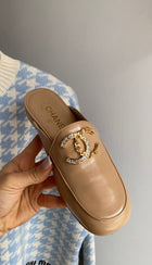 Chanel 25S Beige Patent Crystal Strass CC Flat Slide Mules  - 37
