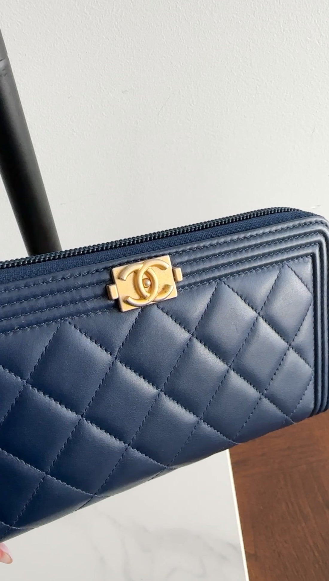 Chanel Dark Blue Lambskin Quilted Boy Zip Around Continental Wallet