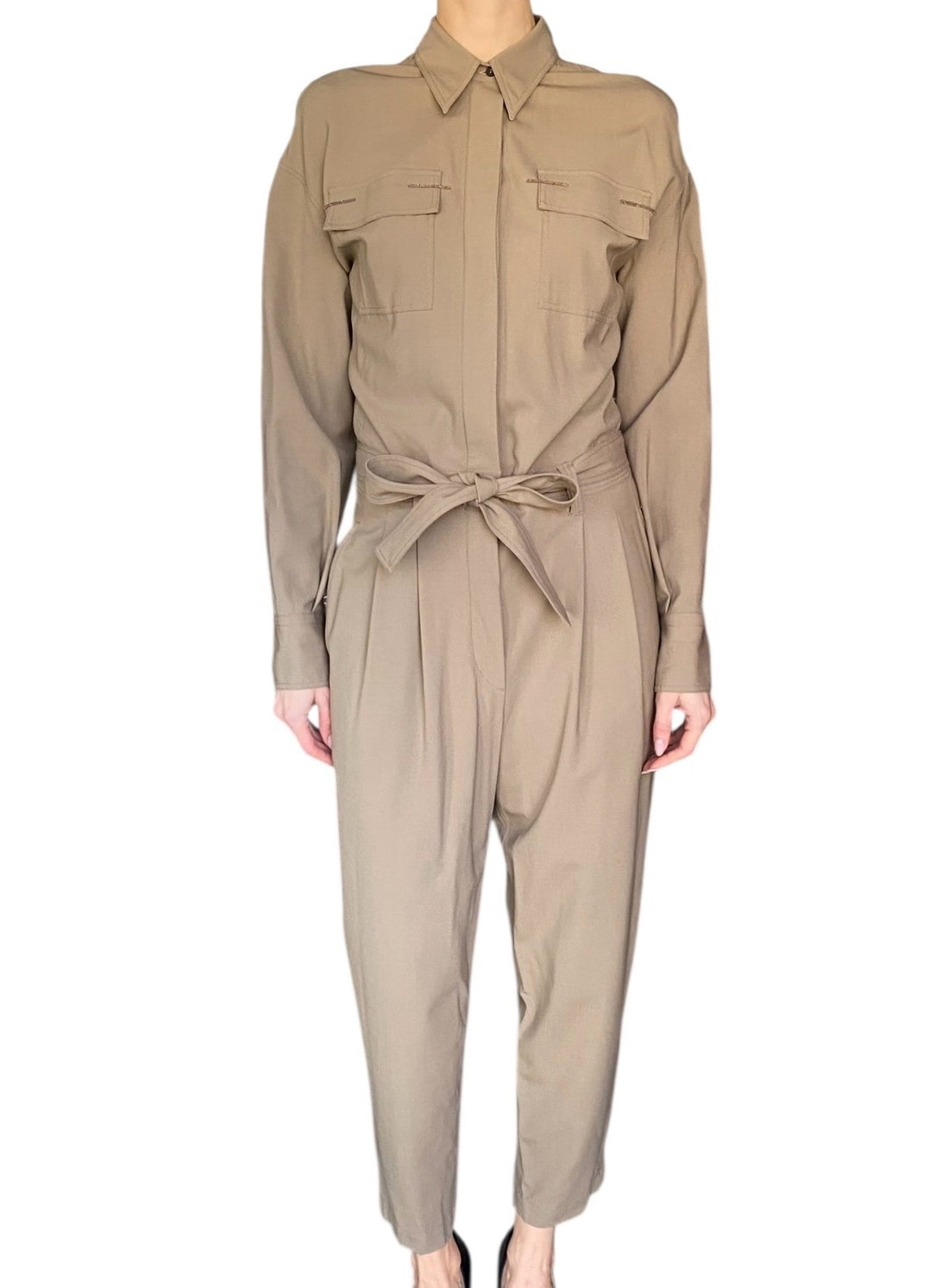 Brunello Cucinelli Khaki Wool Long Sleeve Belted Jumpsuit - M / US 6