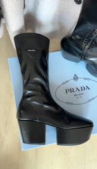 Prada Black Stretch Nappa Leather Platform Block Heel Boots - 37