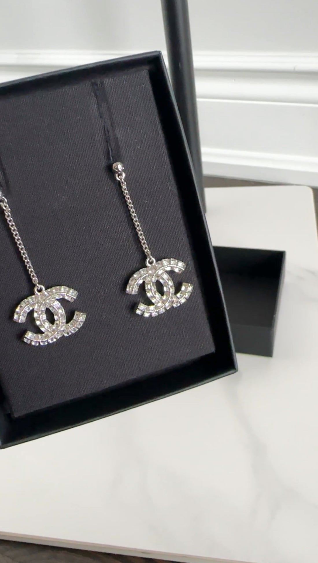 Chanel Sivertone Strass CC Drop Earrings