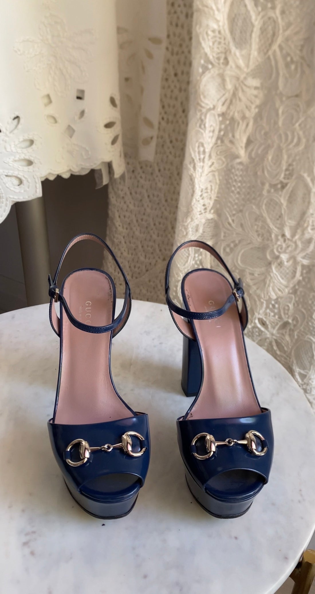 Gucci Navy Shiny Leather Horsebit Platform Block Heel Sandals - 36