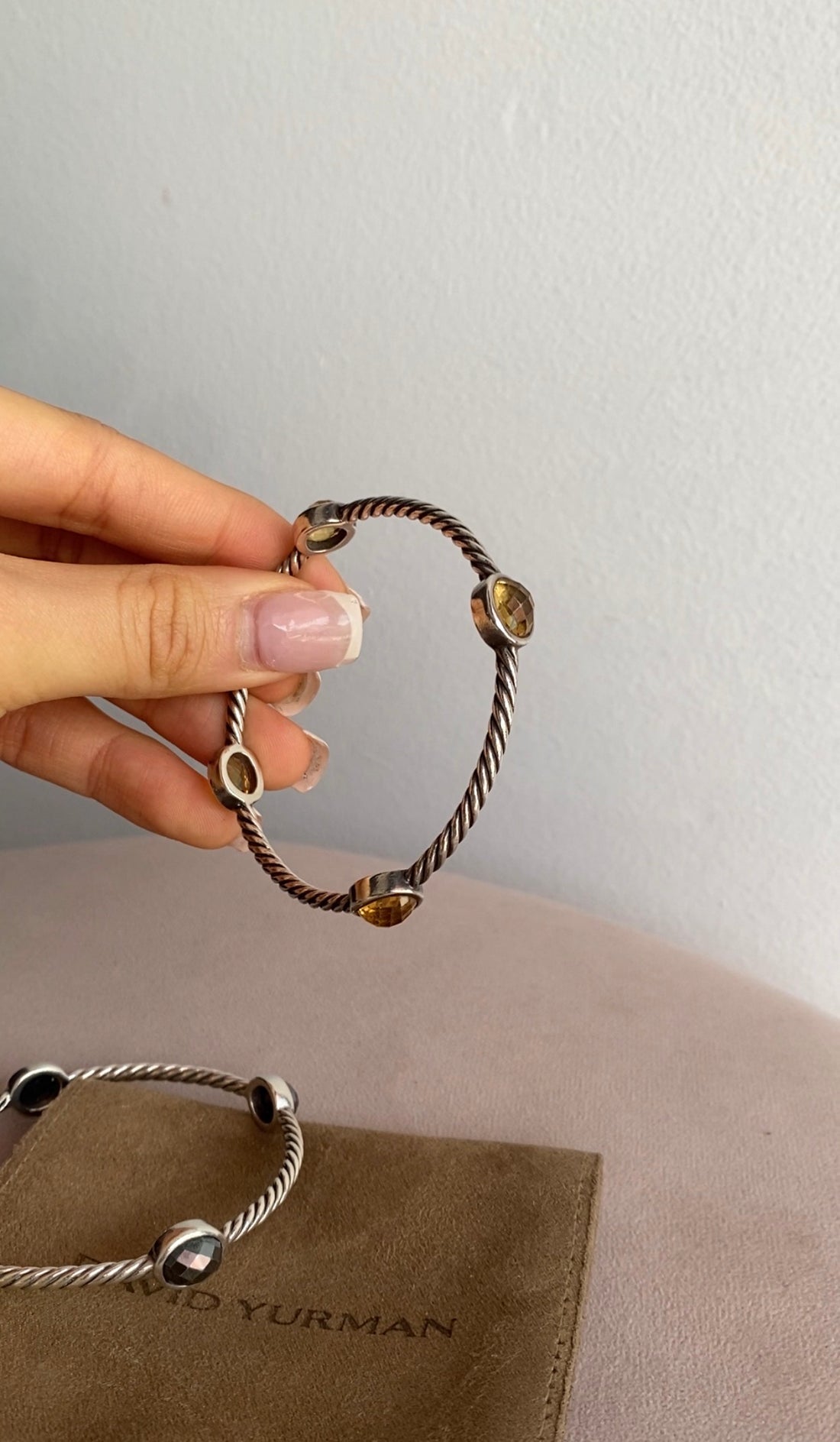 David Yurman Silver Yellow Citrine Sterling Chatelaine Station Cable Bangle 3mm