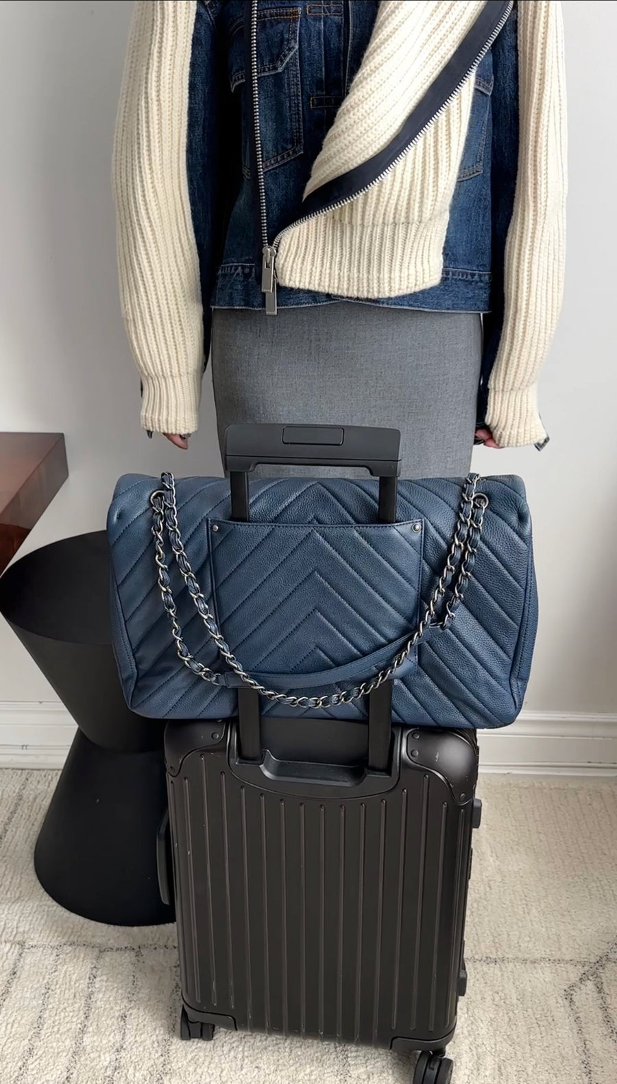 Chanel Navy Blue Chevron Quilted XXL Travel Flap Bag