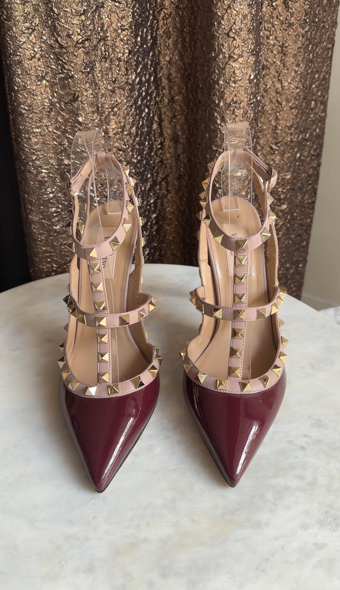 Valentino Burgundy Patent and Leather 110mm Cage Rock Stud Heels - 37.5