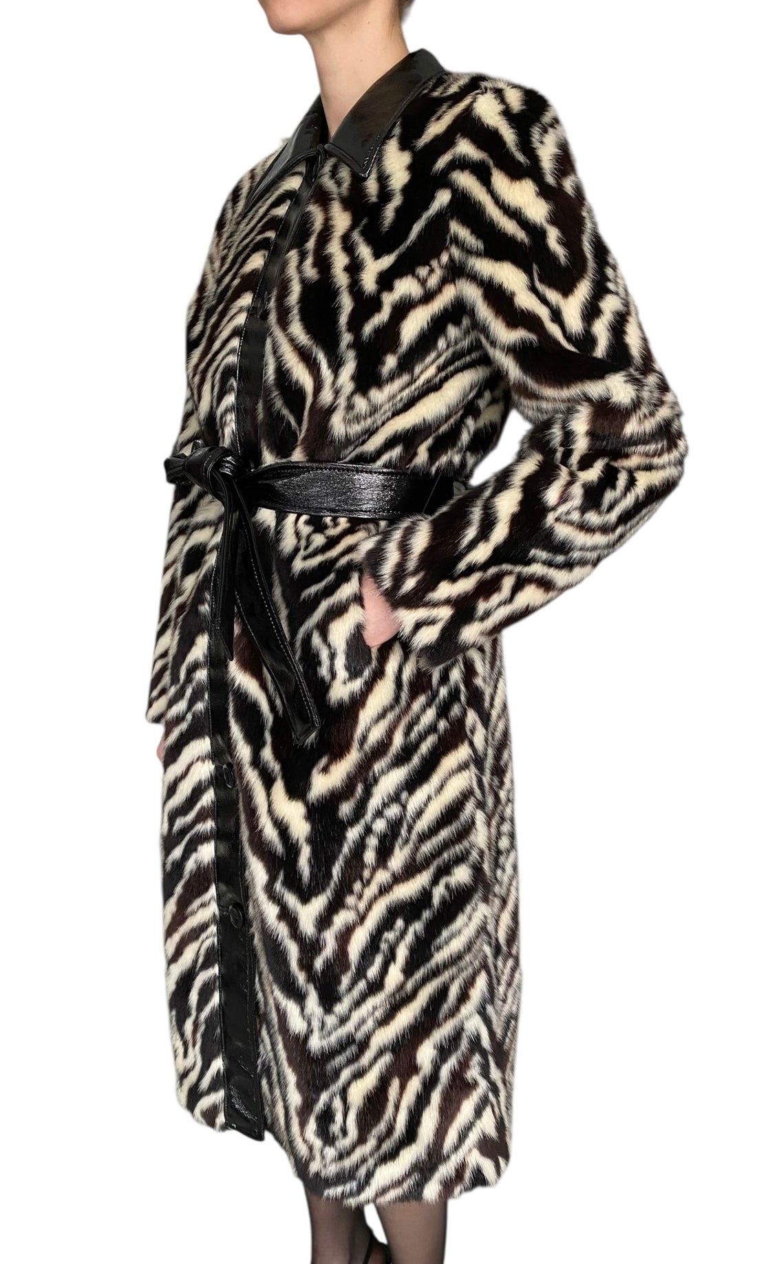 Stand Studio Black & Ivory "Aurora" Zebra Print Faux Fur Coat - 36 / S / US 4