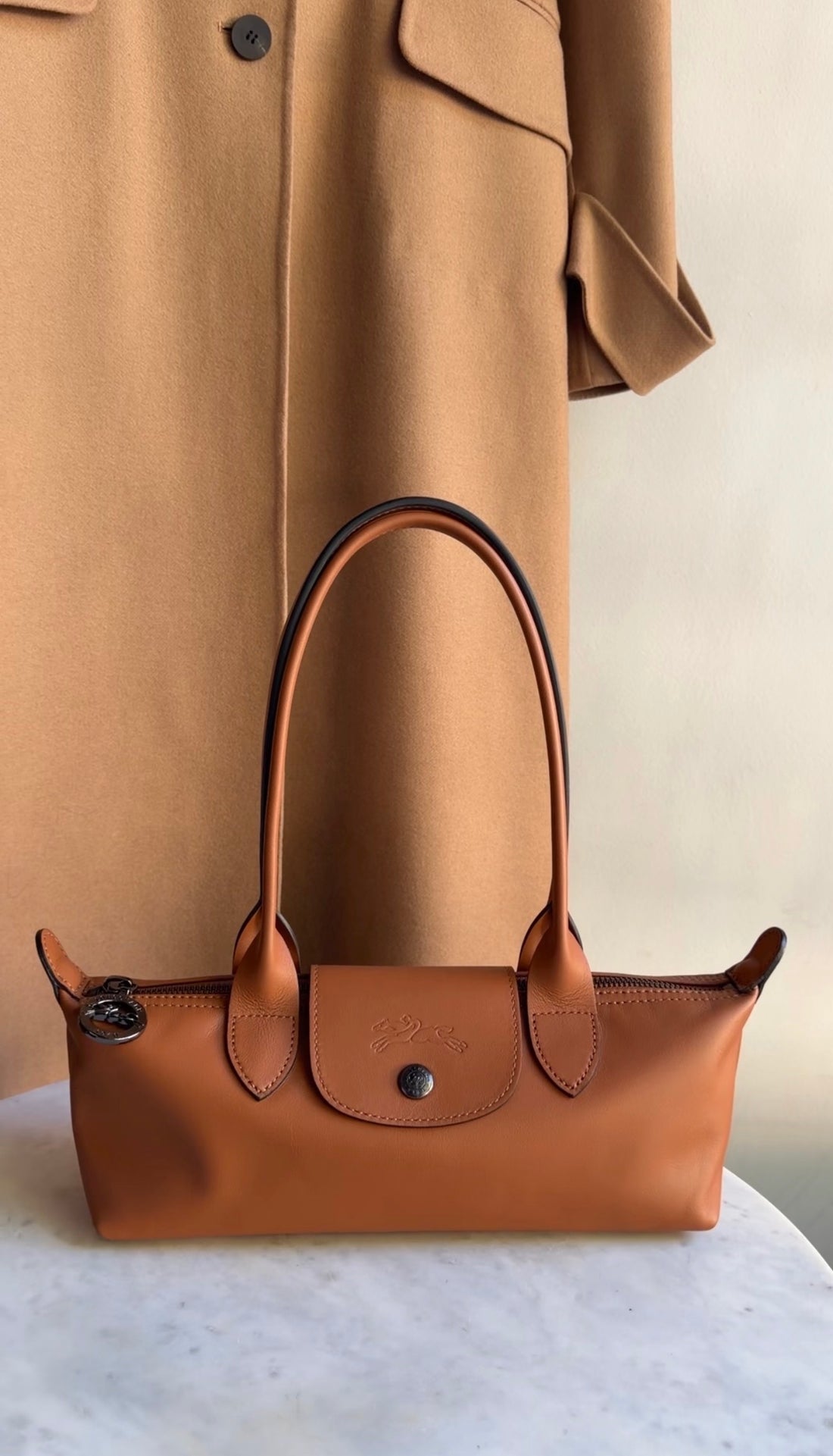 Longchamp Tan Brown Cashew Leather Le Pliage XS Shoulder Bag
