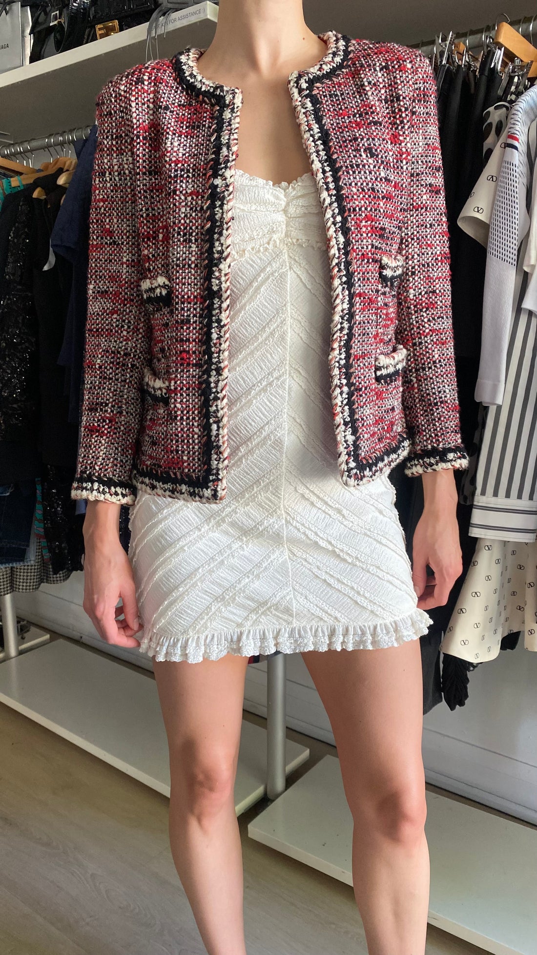 Chanel 2010 Red Tweed Boucle Ruthenium Button Jacket - FR 36 / US 2