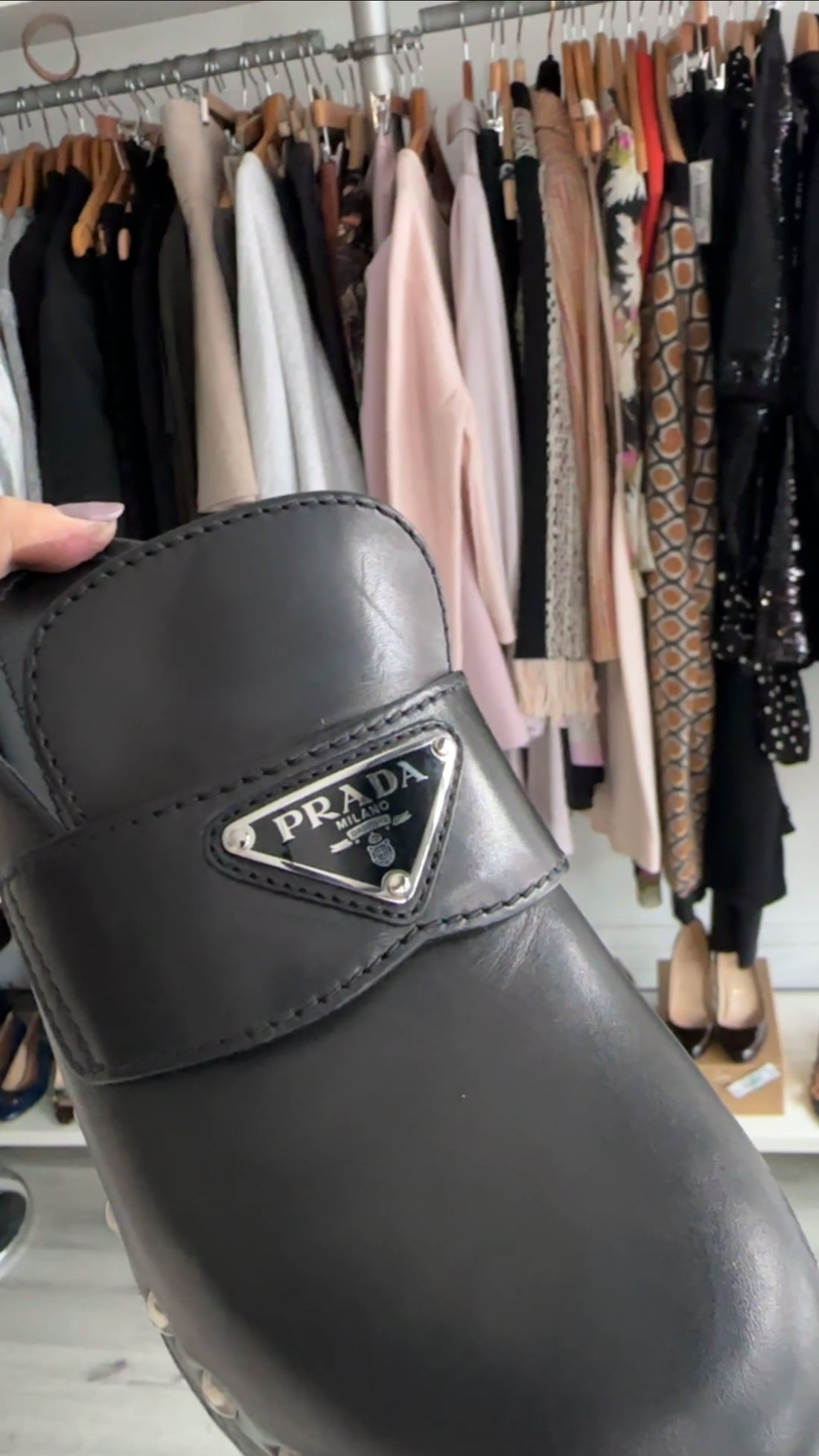 Prada Black Leather Studded Triangle Logo Clogs - 36