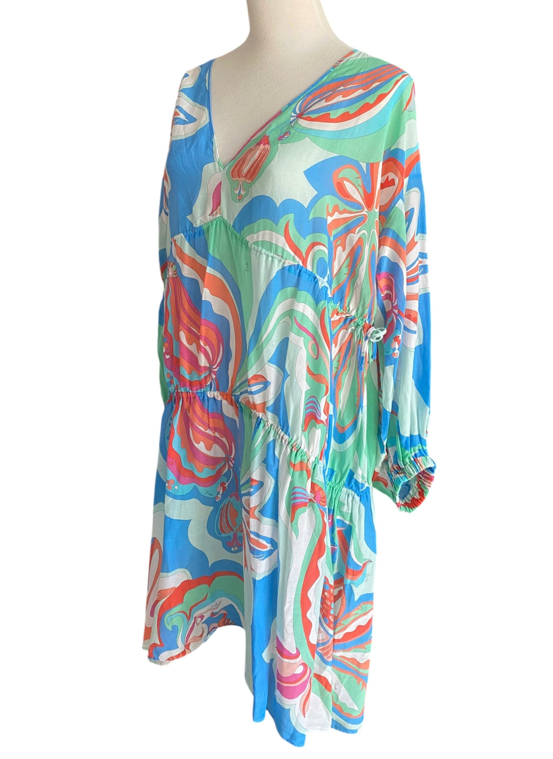 Emilio Pucci Blue Cotton & Silk Geo Printed Boho Backless Shift Dress - IT 44 / M-L