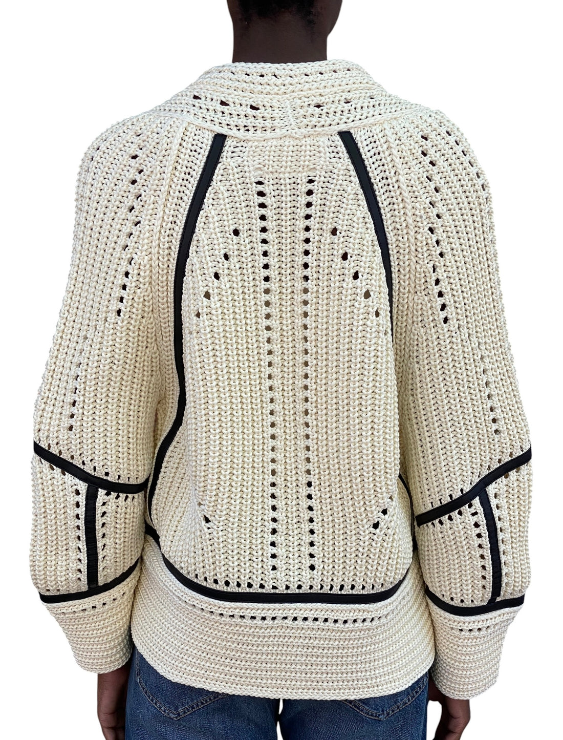 Ermanno Scervino Ivory & Black Leather Trim Cotton Knit Cardigan - S
