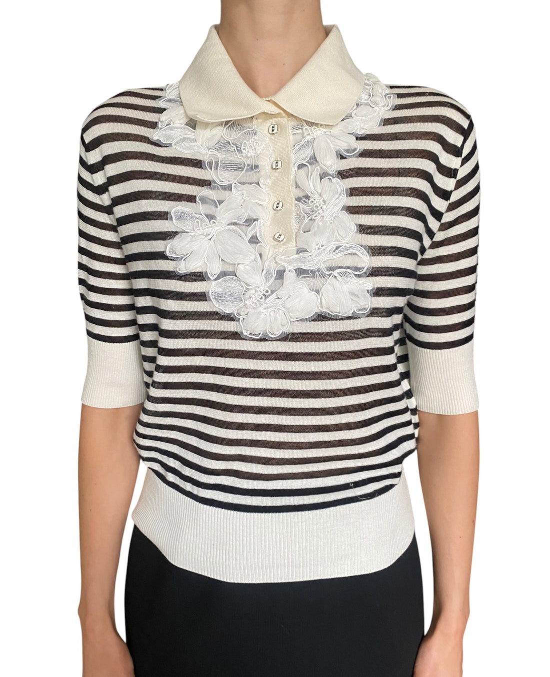 Ermanno Scervino White & Black Striped Lace Cashmere Blend Short Sleeve Polo - IT 44 / US 6-8