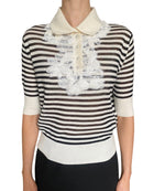 Ermanno Scervino White & Black Striped Lace Cashmere Blend Short Sleeve Polo - IT 44 / US 6-8