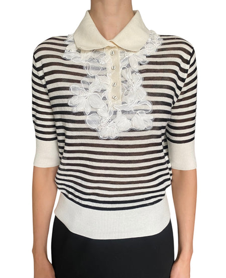 Ermanno Scervino White & Black Striped Lace Cashmere Blend Short Sleeve Polo - IT 44 / US 6-8