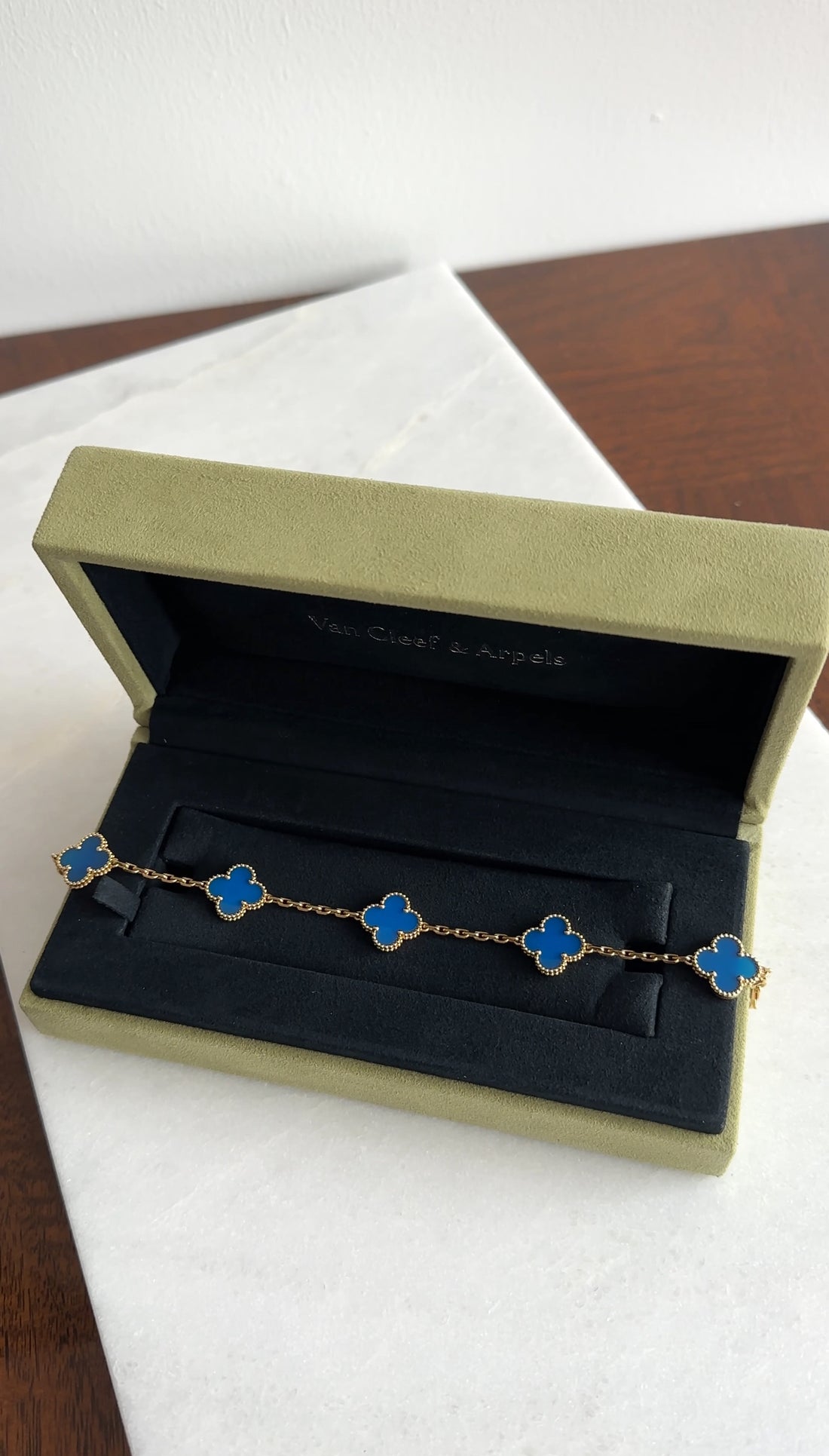 Van Cleef & Arpels 18K Yellow Gold Blue Agate Vintage Alhambra 5 Motif Bracelet