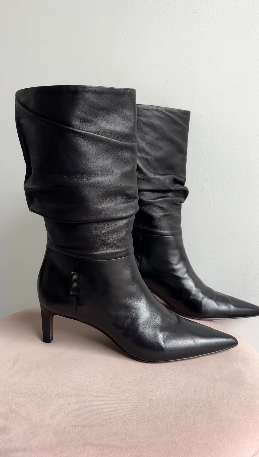 Brunello Cucinelli Black Leather Slouch Mid Boot - 36.5