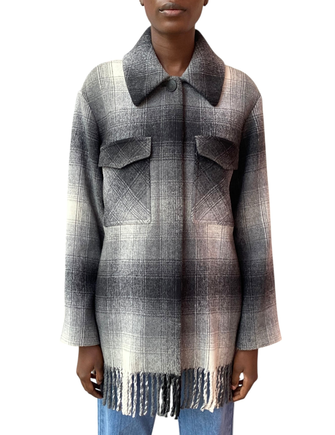 T By Wang Grey Fringe Checked Shacket - US 6
