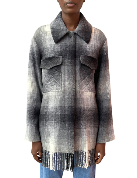 T By Wang Grey Fringe Checked Shacket - US 6