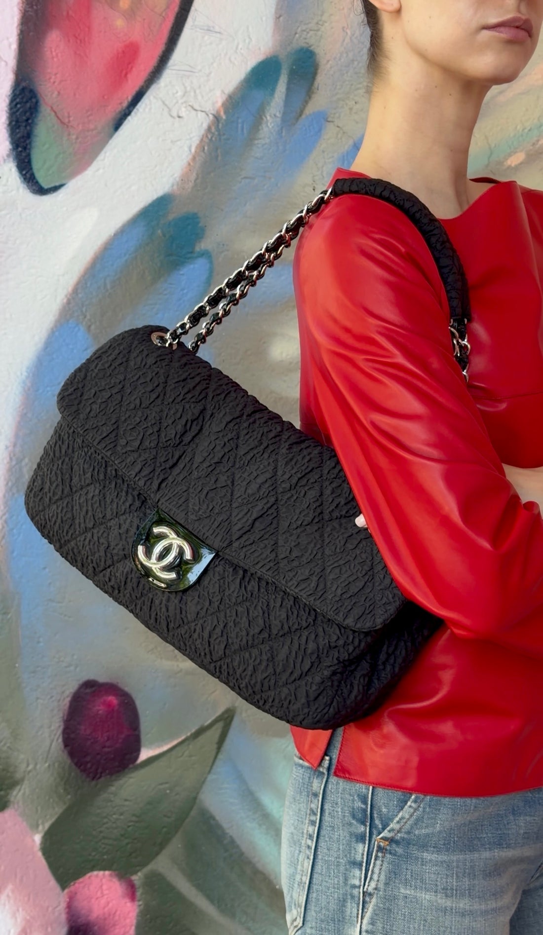Chanel Black 2009 Ruched Nylon Patent CC Large Cloquee Flap Bag