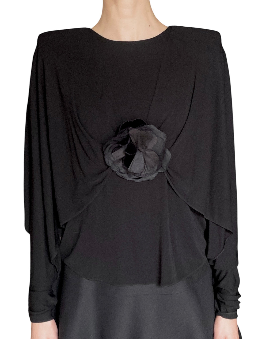 Saint Laurent Black Floral Appliqué Crepe Long Sleeve Top - FR 36 / US 4