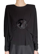 Saint Laurent Black Floral Appliqué Crepe Long Sleeve Top - FR 36 / US 4