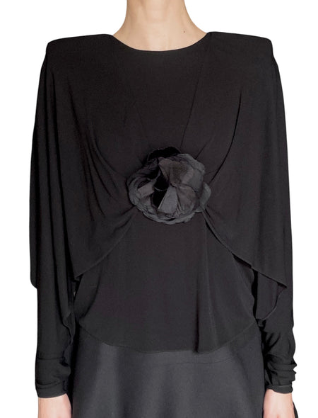Saint Laurent Black Floral Appliqué Crepe Long Sleeve Top - FR 36 / US 4