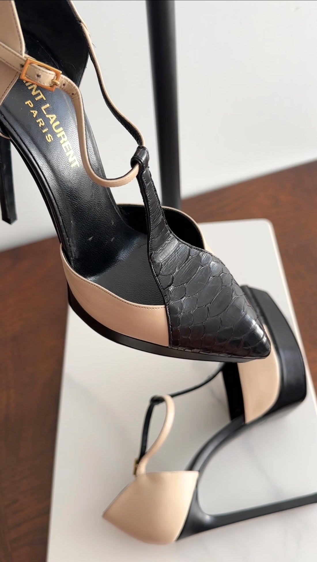 Saint Laurent Beige and Black Python T-strap Heels - 36.5
