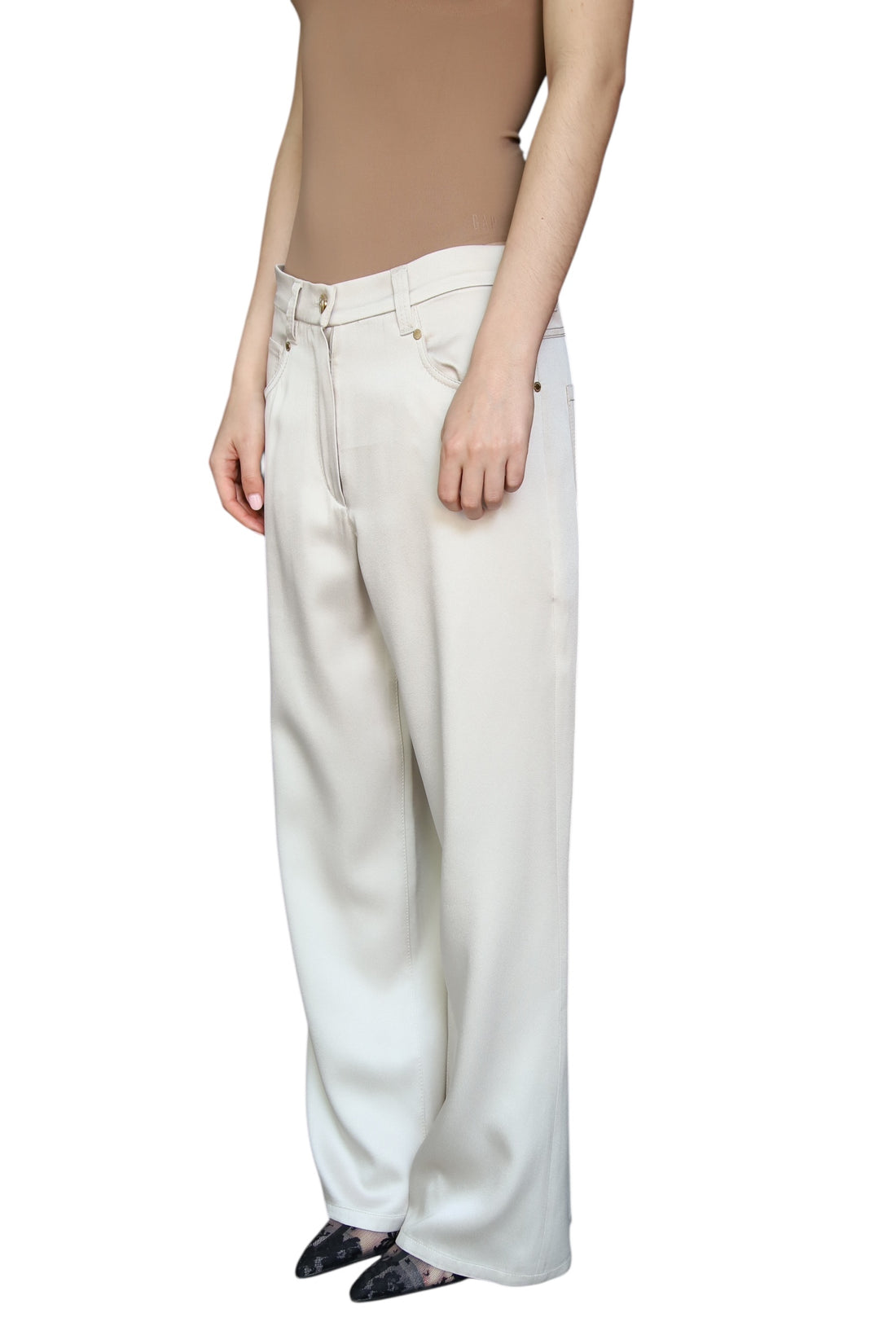 Brunello Cucinelli Ecru Satin Wide Leg Trousers - IT 42 / US 6