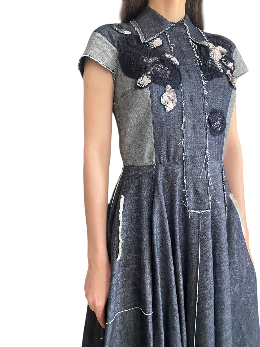 Bottega Veneta Denim Panel Asymmetrical Sequin Embellished Dress - IT40 / S