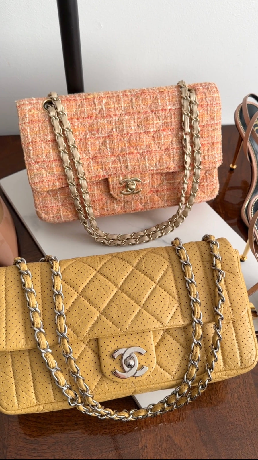 Chanel 2005 Peach Tweed Medium Classic Double Flap Bag