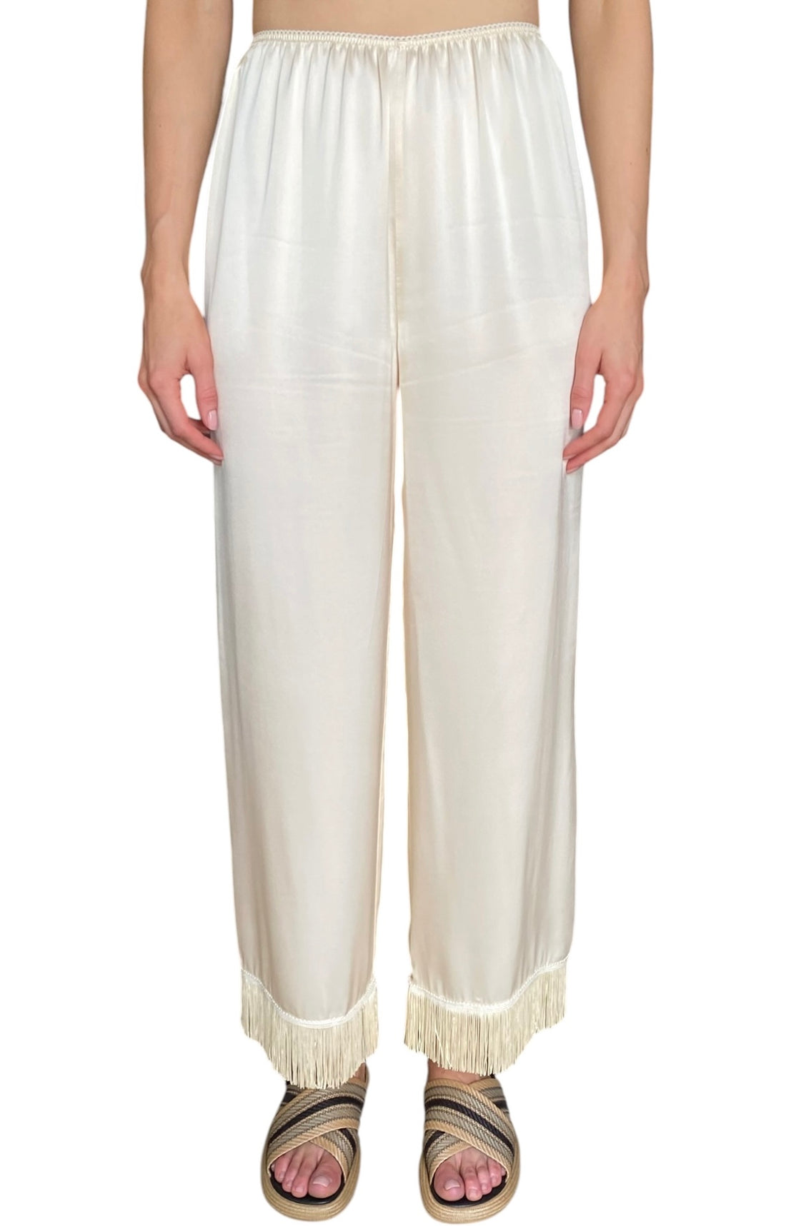 Doen Champagne Silk Satin Fringe Trimmed Wide-Leg Pyjama Pants - S / US 4-6
