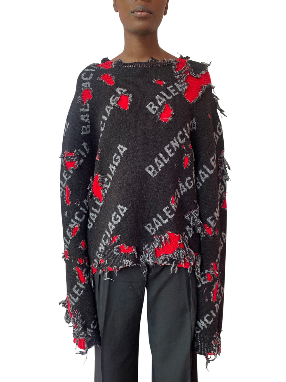 Balenciaga 2021 Black Distressed Logo Pullover Sweater - XL