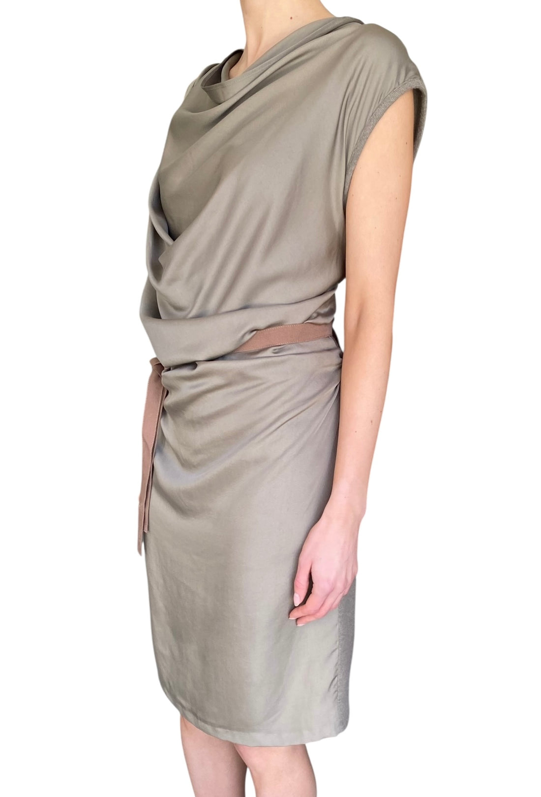 Brunello Cucinelli Taupe Silk Belted Draped Midi Dress - IT 46 / US 10