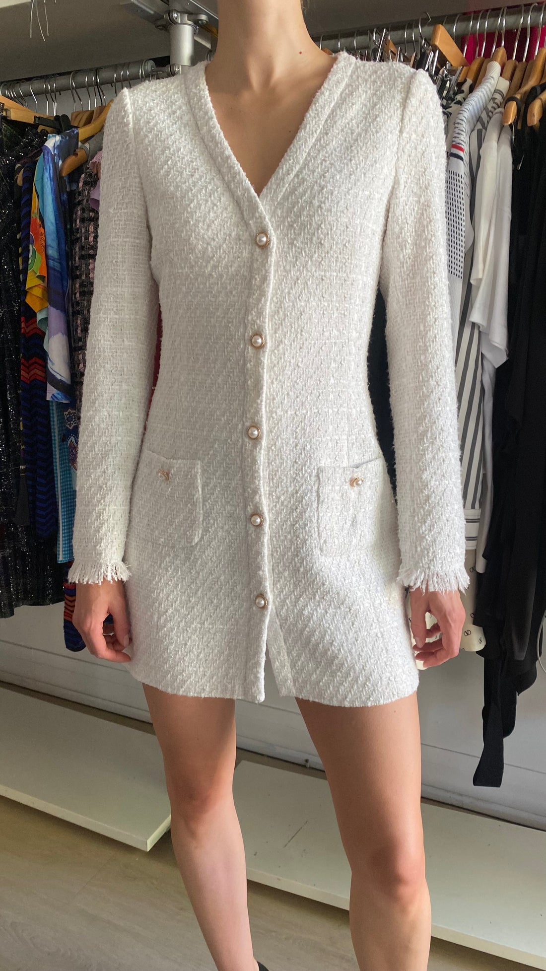 Sau Lee White Tweed Pearl Button Blazer Mini Dress - US 4