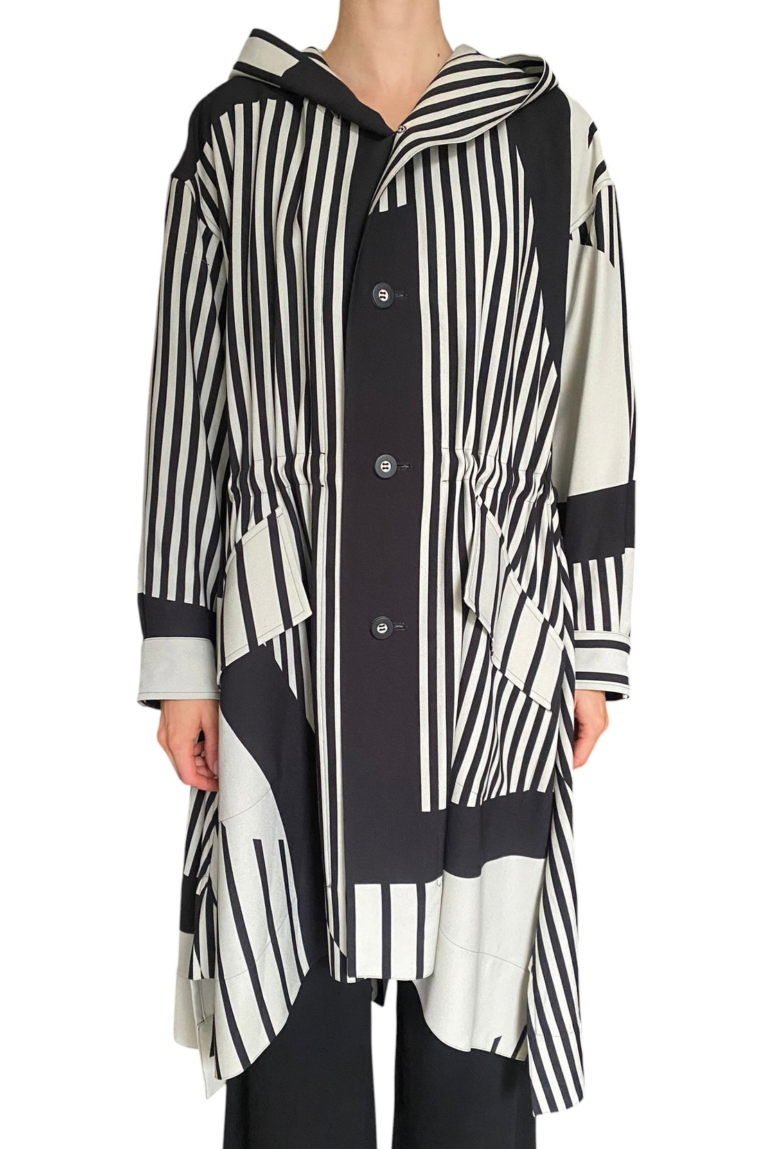 Issey Miyake Black & White Asymmetrical Striped Hooded Coat - JP 2 / M