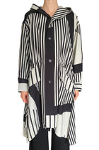 Issey Miyake Black & White Asymmetrical Striped Hooded Coat - JP 2 / M
