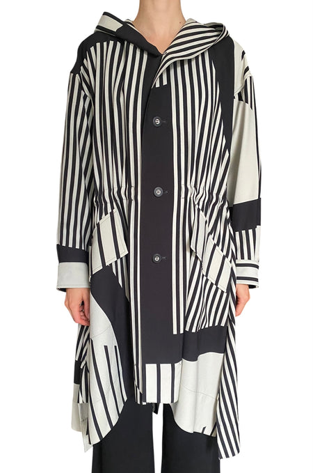 Issey Miyake Black & White Asymmetrical Striped Hooded Coat - JP 2 / M