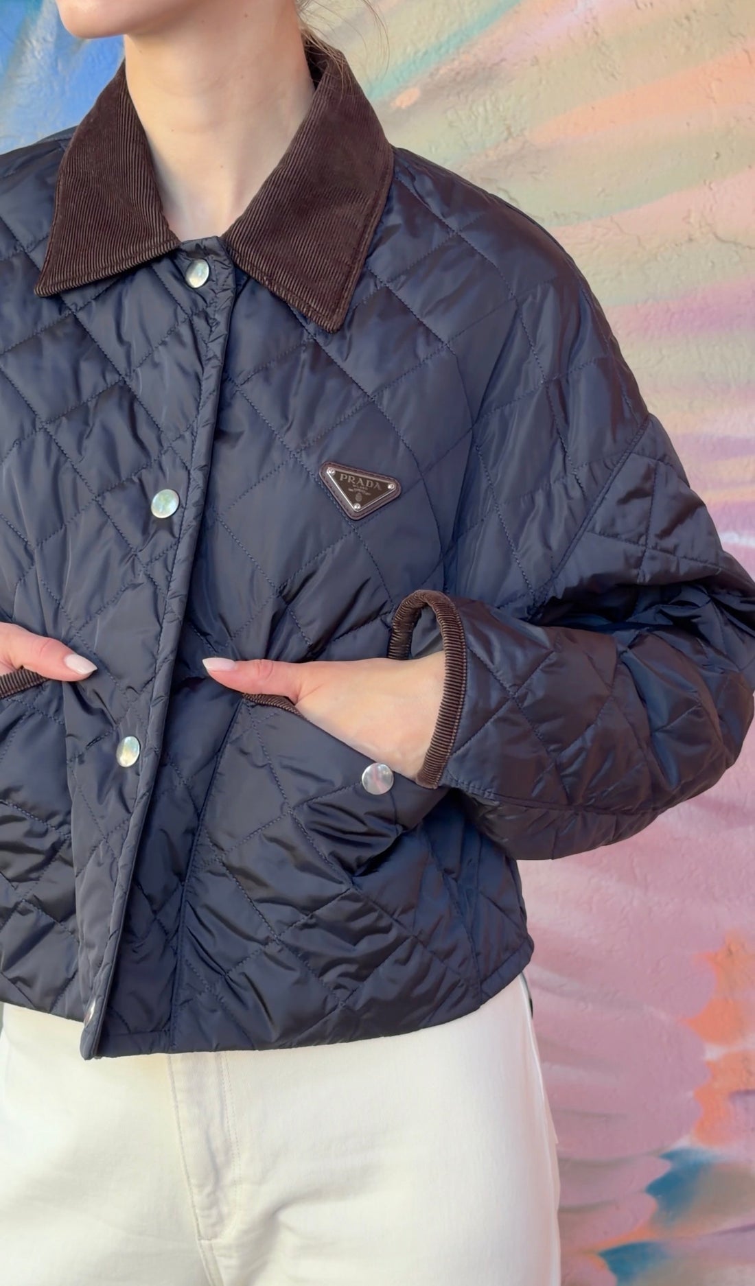 Prada Re-Nylon Navy and Brown Corduroy Padded Snap Field Jacket