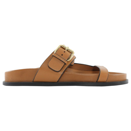 A Emery Tan Brown Prince Leather Flat Slides w Gold Buckle - 38