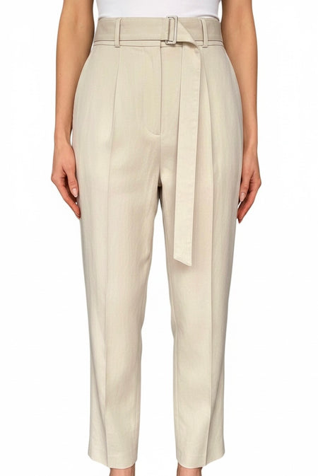 Brunello Cucinelli Beige Linen Belted High-Waisted Monili Trousers - IT 44 / US 8