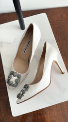 Manolo Blahnik White Silk Satin Crystal Hangisi Pumps - 36.5 / 37