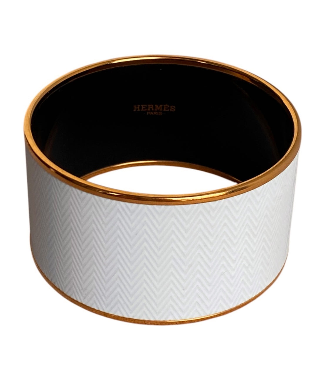 Hermes White Chevron Enamel Extra Wide Bangle Bracelet GHW