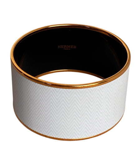 Hermes White Chevron Enamel Extra Wide Bangle Bracelet GHW