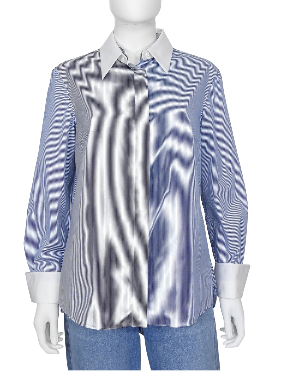 Akris Punto Blue White Pinstripe Banker Collar Shirt - 8