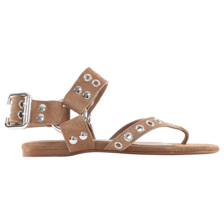 Alaia Light Brown Suede Grommet Biker Flat Thong Sandals - 37