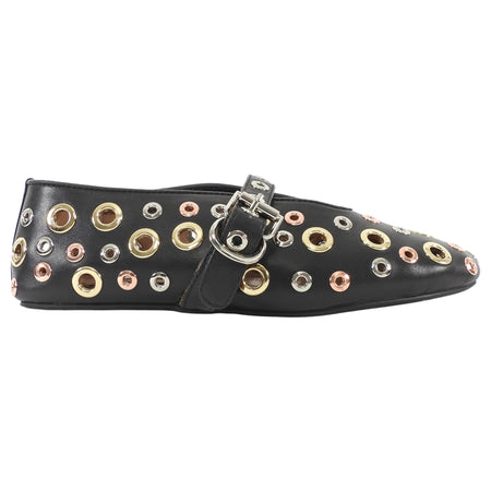 Alaia Black Leather Mixed Metal Eyelet Mary Jane Ballet Flats -36