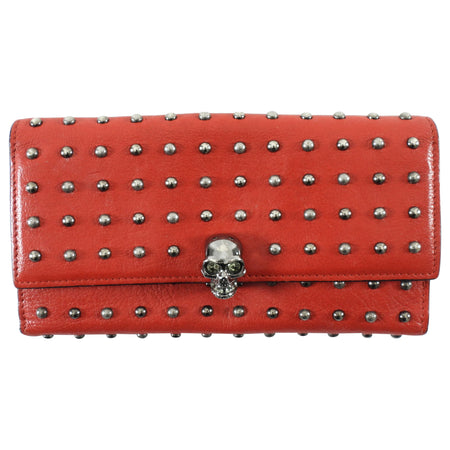 Alexander McQueen Studded Red Leather Skull Medium Trifold Wallet